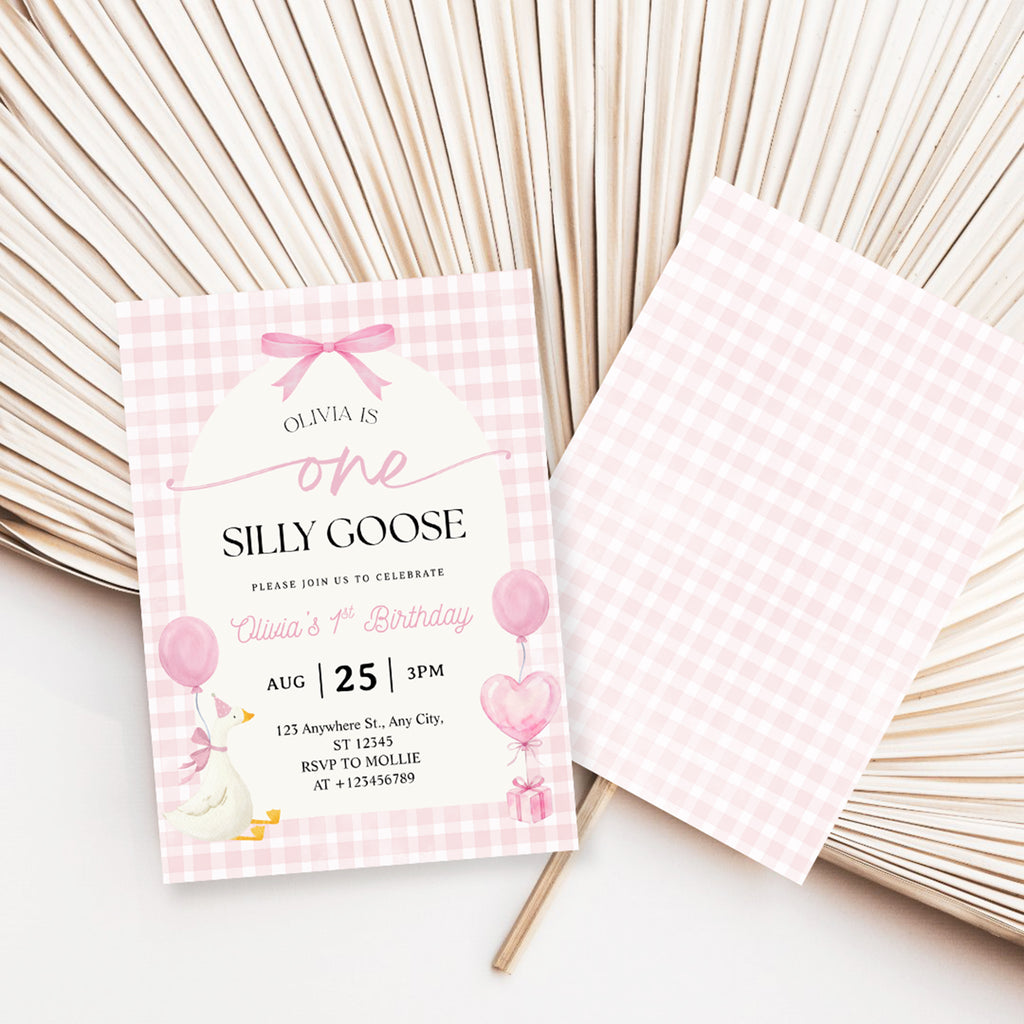 Editable One Silly Goose 1st Birthday Invitation | Pink Bow Gingham Canva Template – Instant Download