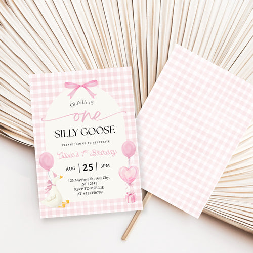 Editable One Silly Goose 1st Birthday Invitation | Pink Bow Gingham Canva Template – Instant Download