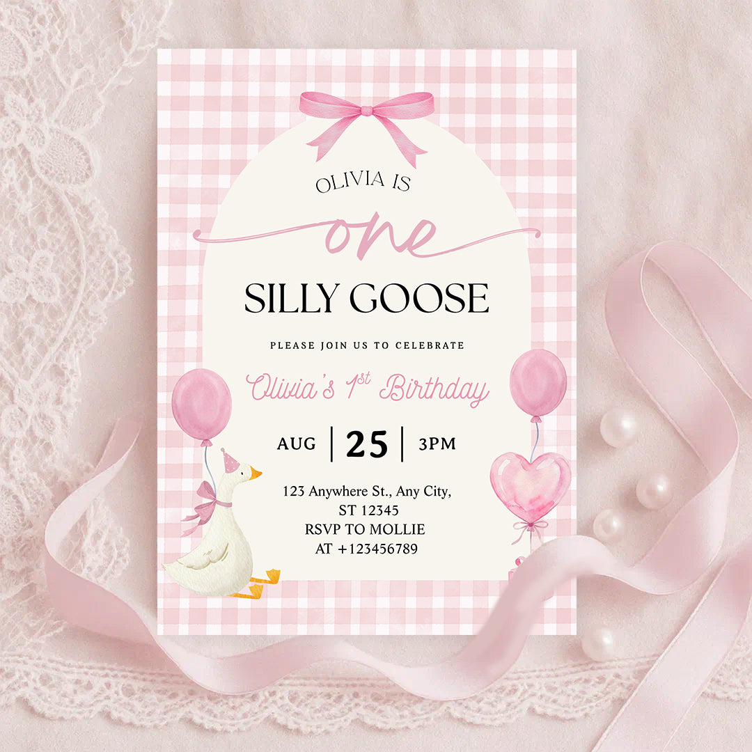Editable One Silly Goose 1st Birthday Invitation | Pink Bow Gingham Canva Template – Instant Download