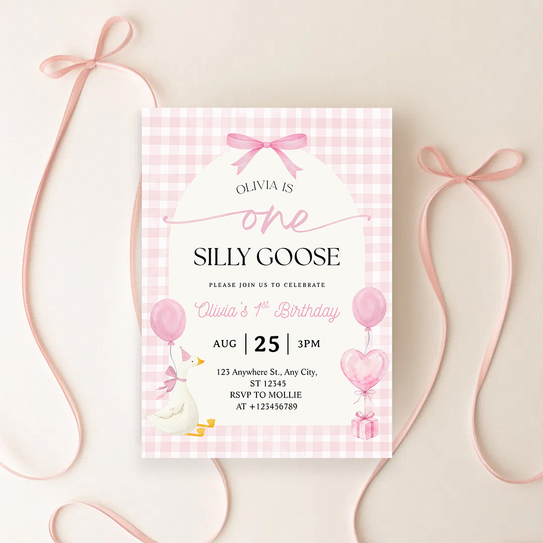 Editable One Silly Goose 1st Birthday Invitation | Pink Bow Gingham Canva Template – Instant Download