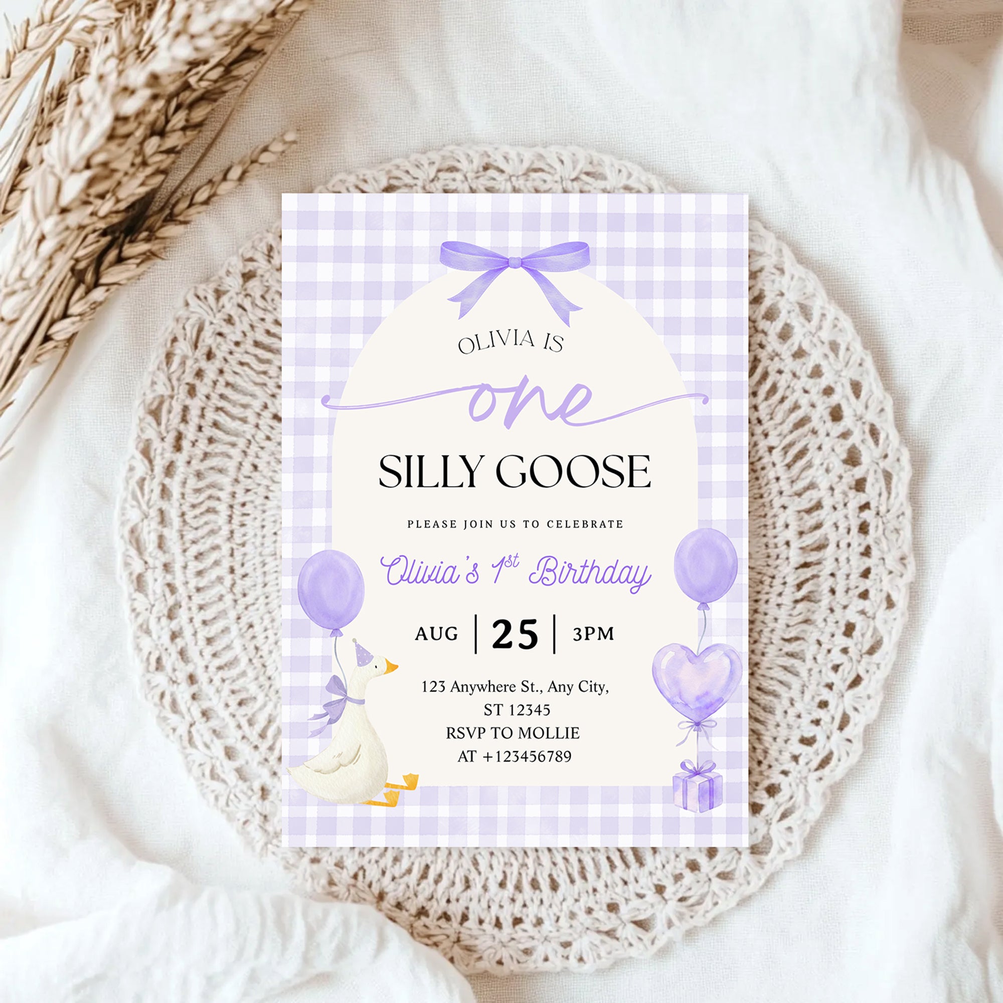 Editable One Silly Goose 1st Birthday Invitation | Purple Bow Gingham Canva Template – Instant Download