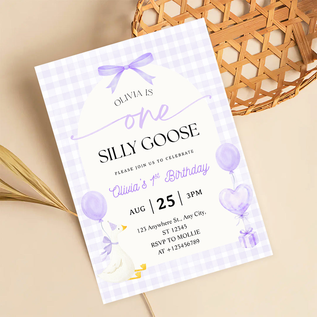 Editable One Silly Goose 1st Birthday Invitation | Purple Bow Gingham Canva Template – Instant Download