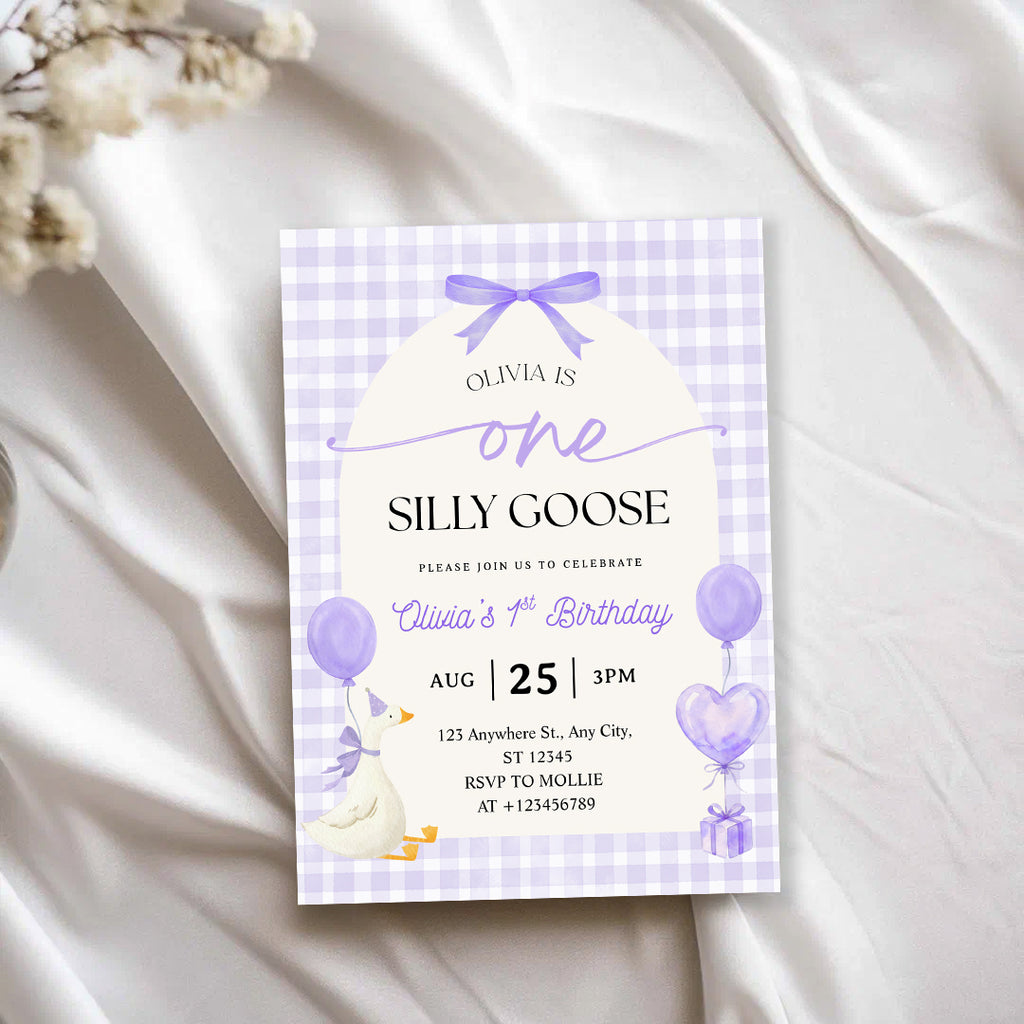 Editable One Silly Goose 1st Birthday Invitation | Purple Bow Gingham Canva Template – Instant Download