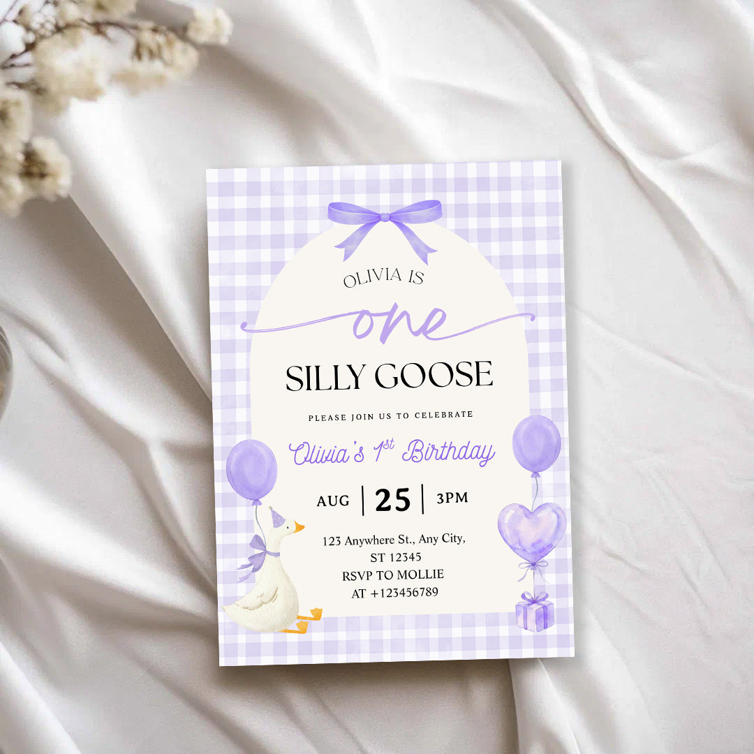Editable One Silly Goose 1st Birthday Invitation | Purple Bow Gingham Canva Template – Instant Download