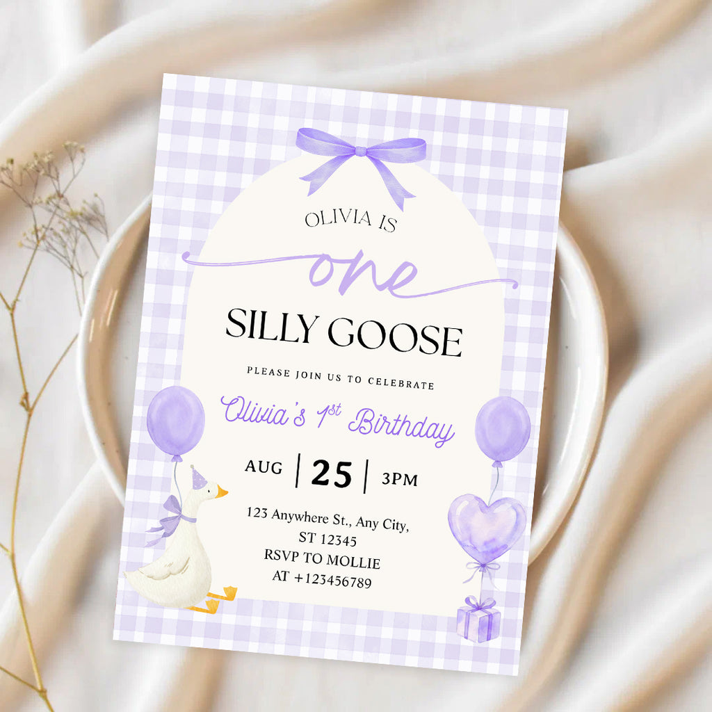 Editable One Silly Goose 1st Birthday Invitation | Purple Bow Gingham Canva Template – Instant Download