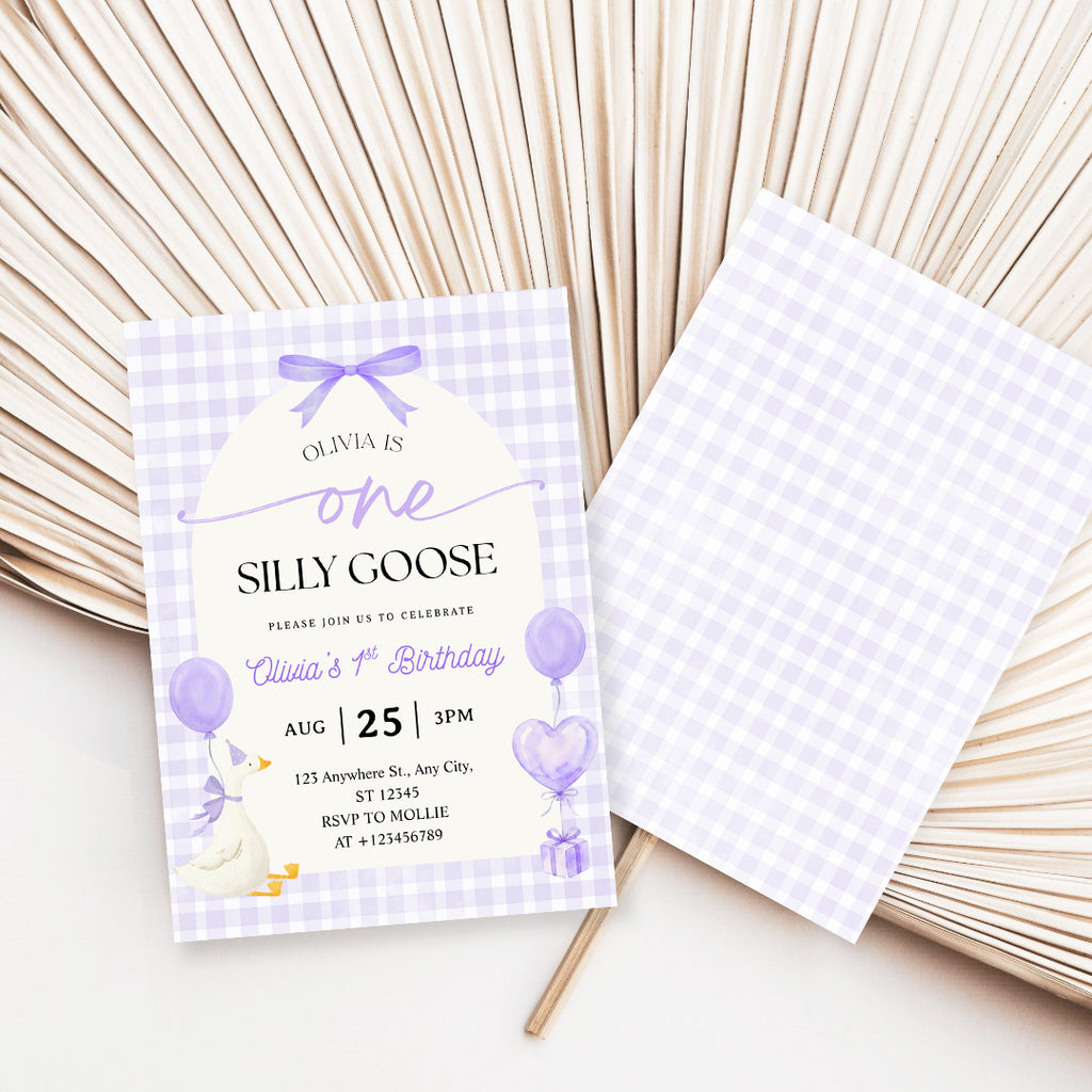 Editable One Silly Goose 1st Birthday Invitation | Purple Bow Gingham Canva Template – Instant Download