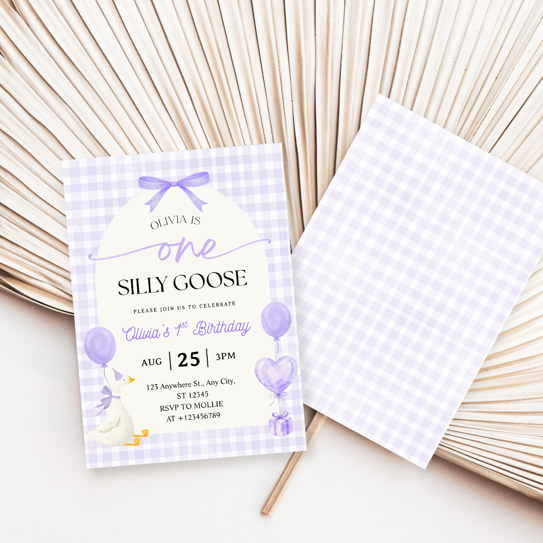 Editable One Silly Goose 1st Birthday Invitation | Purple Bow Gingham Canva Template – Instant Download