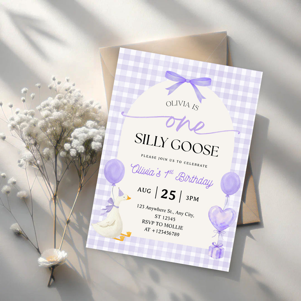 Editable One Silly Goose 1st Birthday Invitation | Purple Bow Gingham Canva Template – Instant Download