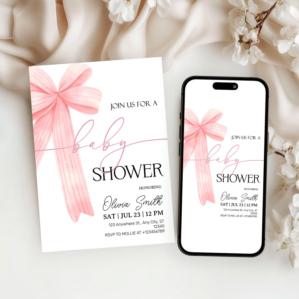Elegant Pink Bow Baby Shower Invitation – Editable Canva Template