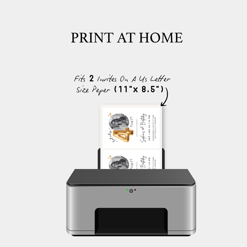 Modern Minimalist 40th Birthday Gold Balloon Photo Invitation Template | Elegant Milestone Party Invite | Editable & Instant Download