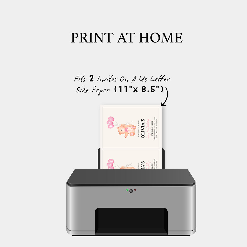 Beary First Pink Balloon 1st Birthday Teddy Invitation – Editable Canva Template