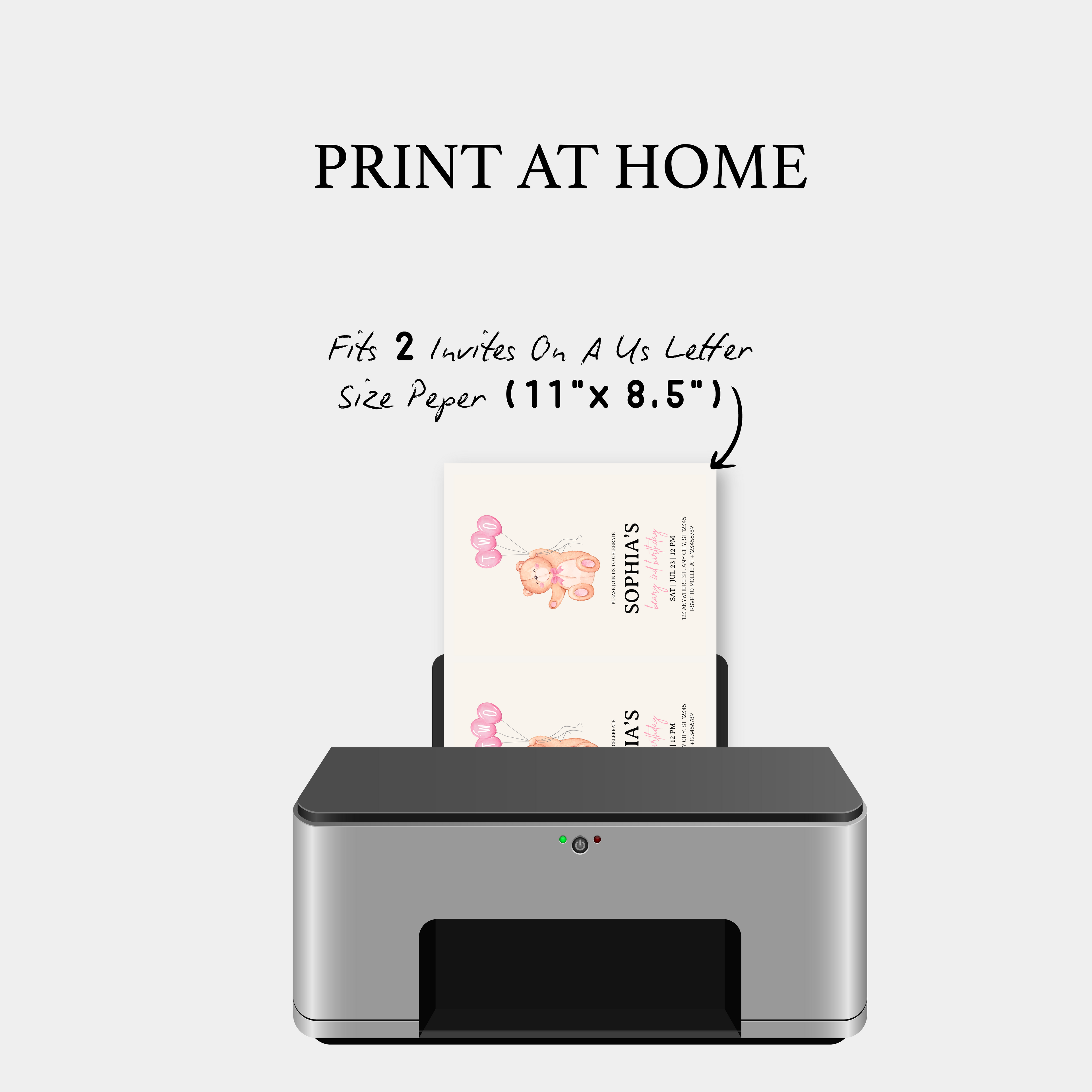 Beary Pink Balloon 2nd Birthday Teddy Invitation – Editable Canva Template