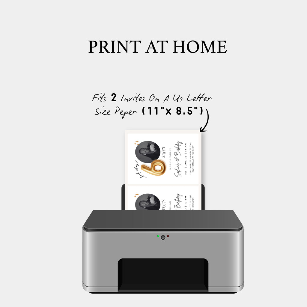 Modern Minimalist 60th Birthday Gold Balloon Photo Invitation Template | Elegant Milestone Party Invite | Editable & Instant Download