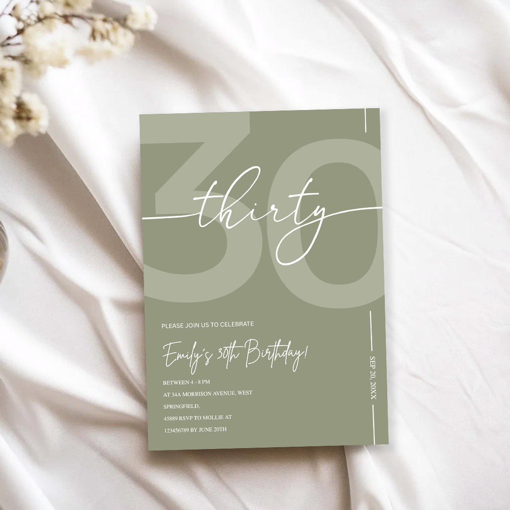 Elegant Sage Green 30th Birthday Invitation Template | Minimalist Thirty Milestone Party Invite | Editable & Instant Download
