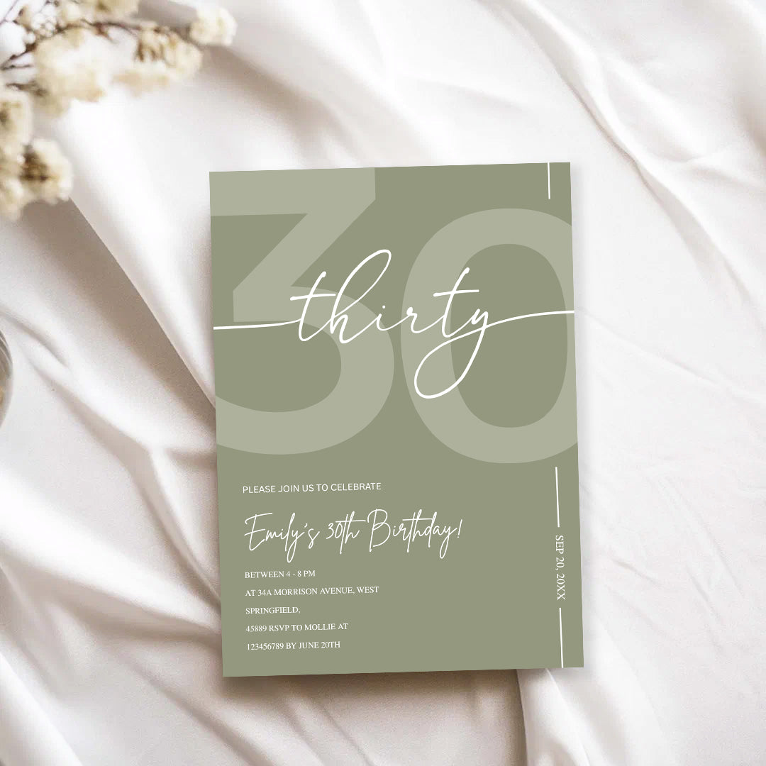Elegant Sage Green 30th Birthday Invitation Template | Minimalist Thirty Milestone Party Invite | Editable & Instant Download