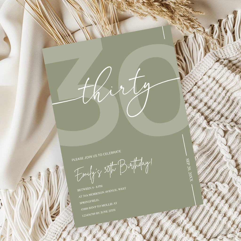 Elegant Sage Green 30th Birthday Invitation Template | Minimalist Thirty Milestone Party Invite | Editable & Instant Download
