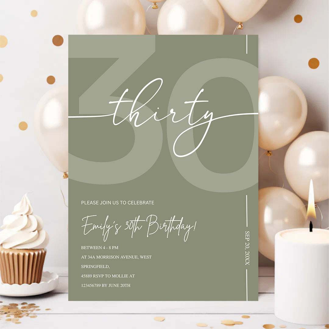 Elegant Sage Green 30th Birthday Invitation Template | Minimalist Thirty Milestone Party Invite | Editable & Instant Download