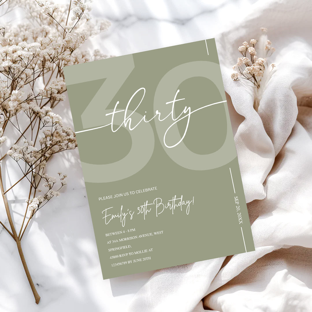 Elegant Sage Green 30th Birthday Invitation Template | Minimalist Thirty Milestone Party Invite | Editable & Instant Download