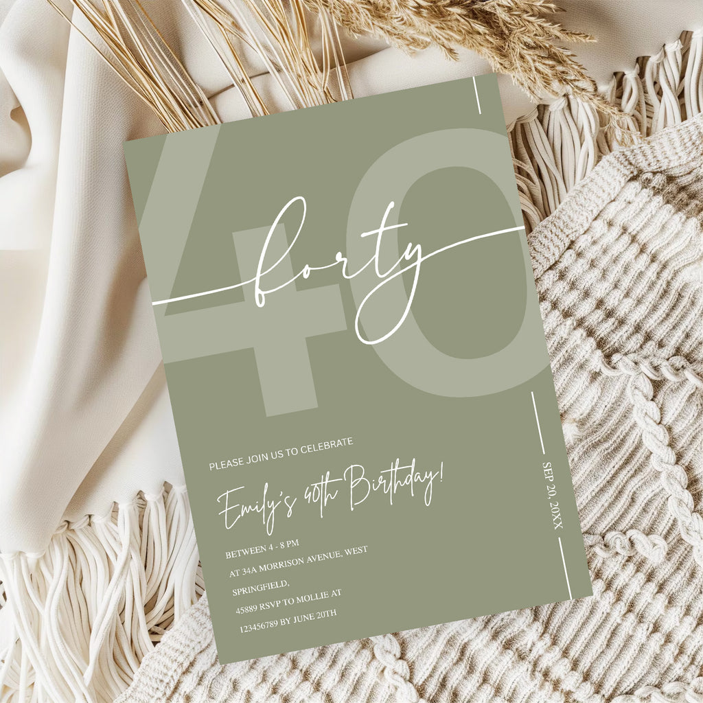 Elegant Sage Green 40th Birthday Invitation Template | Minimalist Forty Milestone Party Invite | Editable & Instant Download