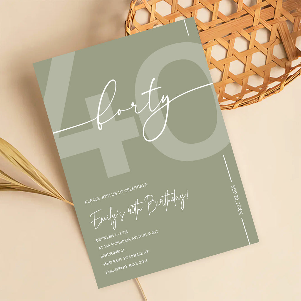 Elegant Sage Green 40th Birthday Invitation Template | Minimalist Forty Milestone Party Invite | Editable & Instant Download
