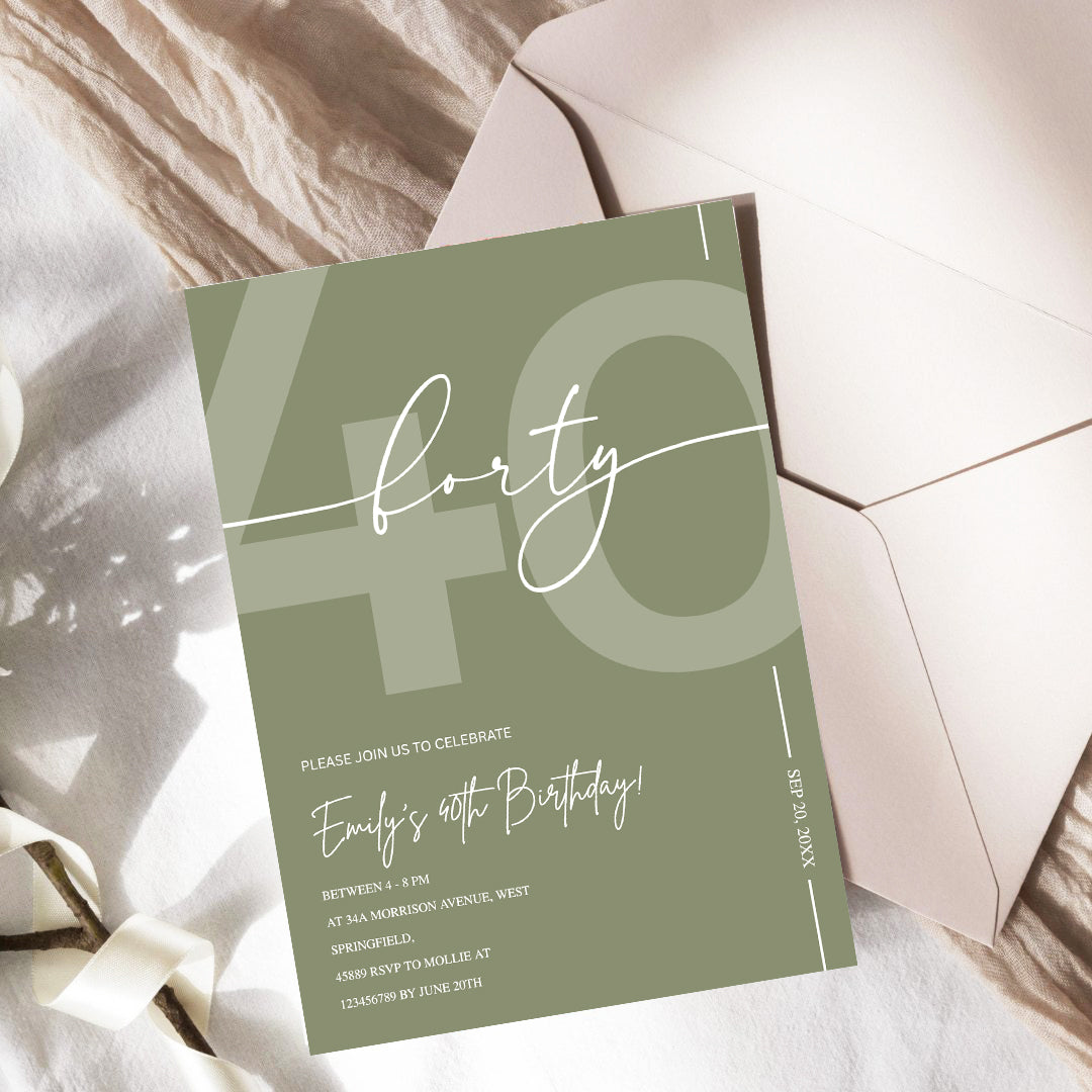 Elegant Sage Green 40th Birthday Invitation Template | Minimalist Forty Milestone Party Invite | Editable & Instant Download