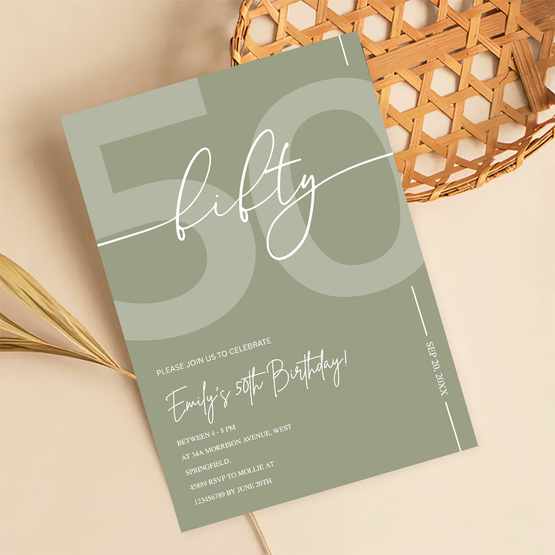 Elegant Sage Green 50th Birthday Invitation Template | Minimalist Fifty Milestone Party Invite | Editable & Instant Download