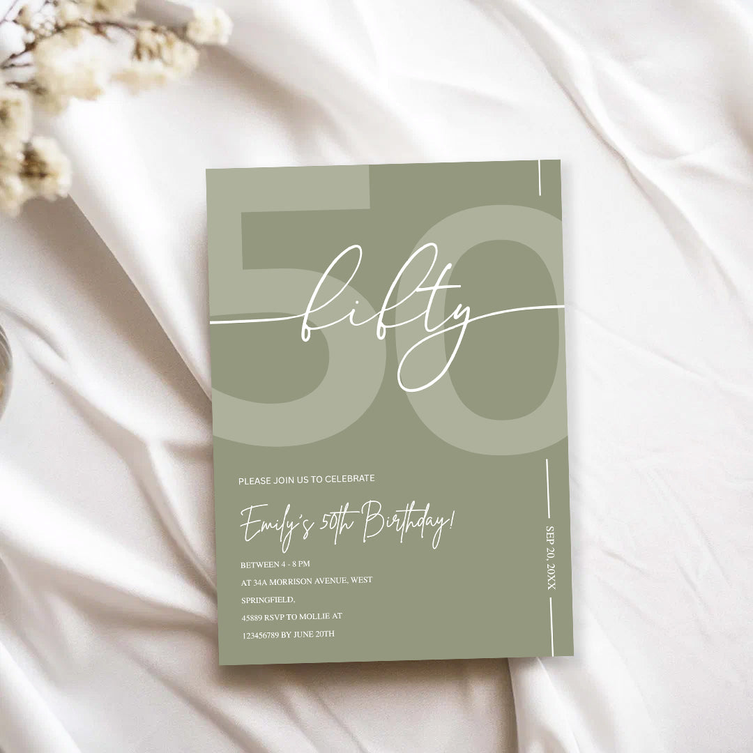 Elegant Sage Green 50th Birthday Invitation Template | Minimalist Fifty Milestone Party Invite | Editable & Instant Download