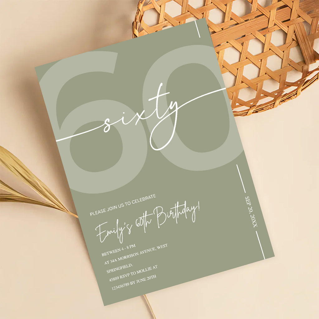 Elegant Sage Green 60th Birthday Invitation Template | Minimalist Sixty Milestone Party Invite | Editable & Instant Download