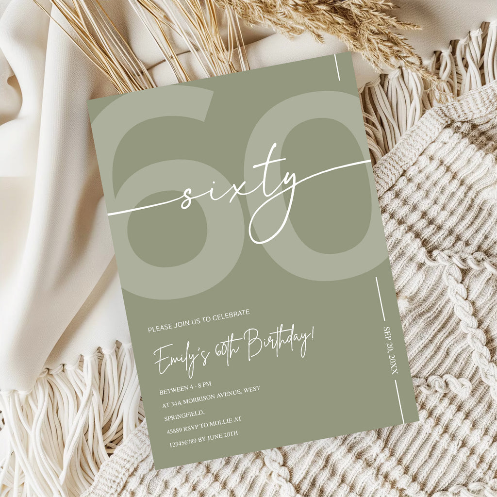 Elegant Sage Green 60th Birthday Invitation Template | Minimalist Sixty Milestone Party Invite | Editable & Instant Download