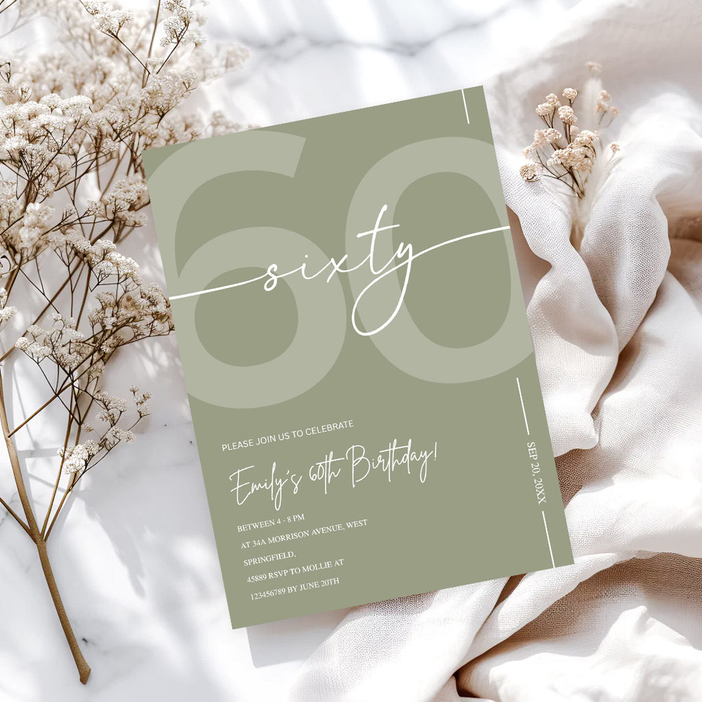 Elegant Sage Green 60th Birthday Invitation Template | Minimalist Sixty Milestone Party Invite | Editable & Instant Download
