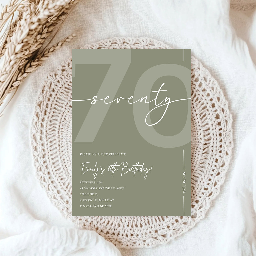 Elegant Sage Green 70th Birthday Invitation Template | Minimalist Seventy Milestone Party Invite | Editable & Instant Download