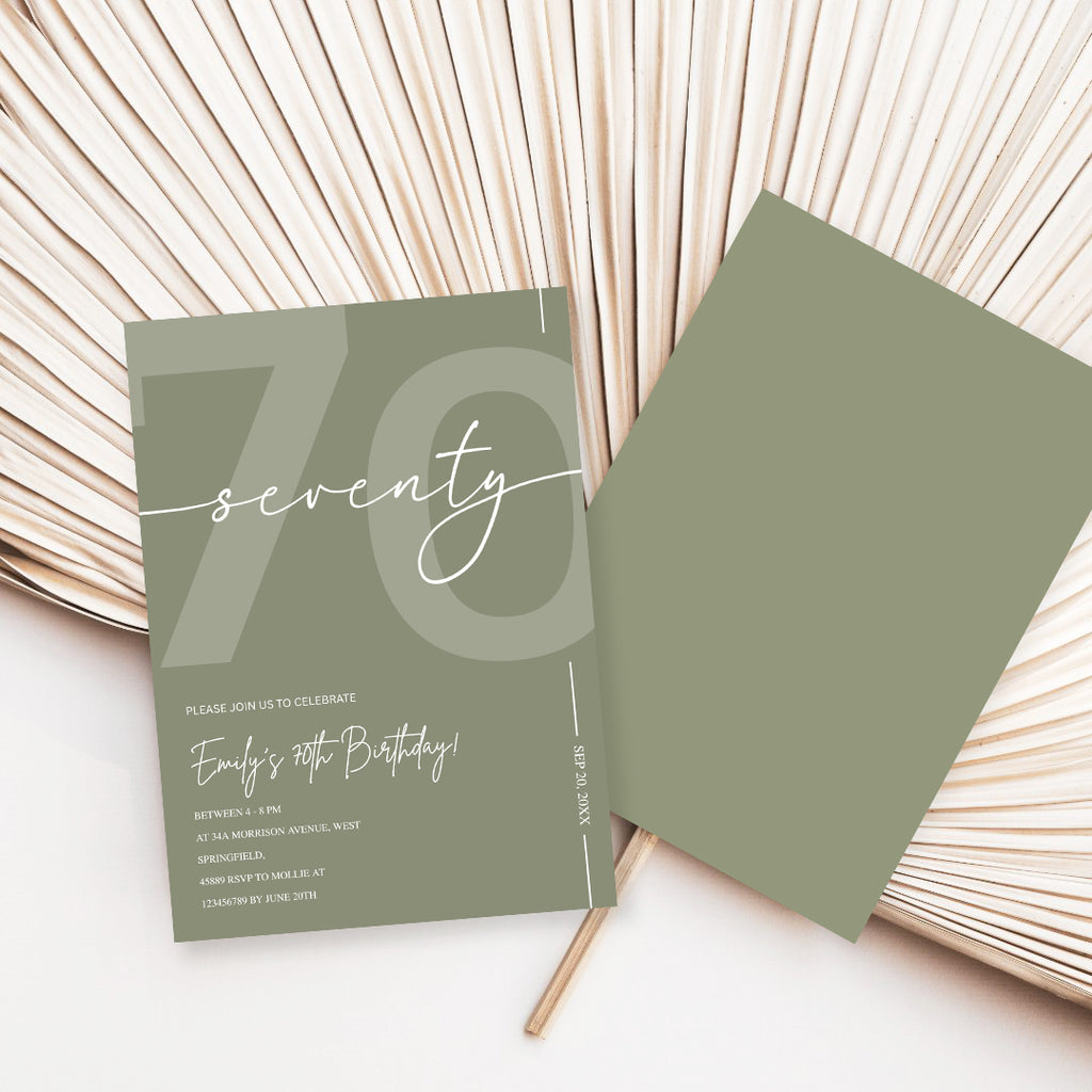 Elegant Sage Green 70th Birthday Invitation Template | Minimalist Seventy Milestone Party Invite | Editable & Instant Download