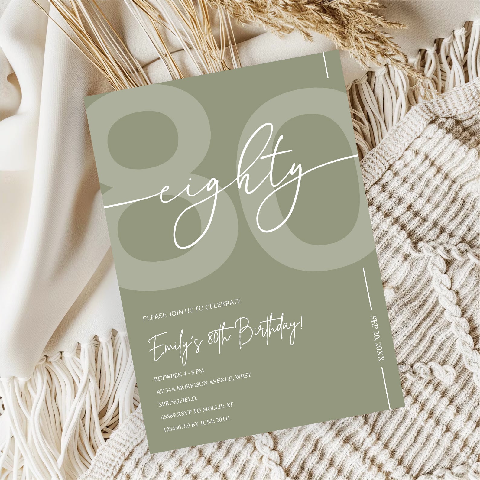 Elegant Sage Green 80th Birthday Invitation Template | Minimalist Eighty Milestone Party Invite | Editable & Instant Download
