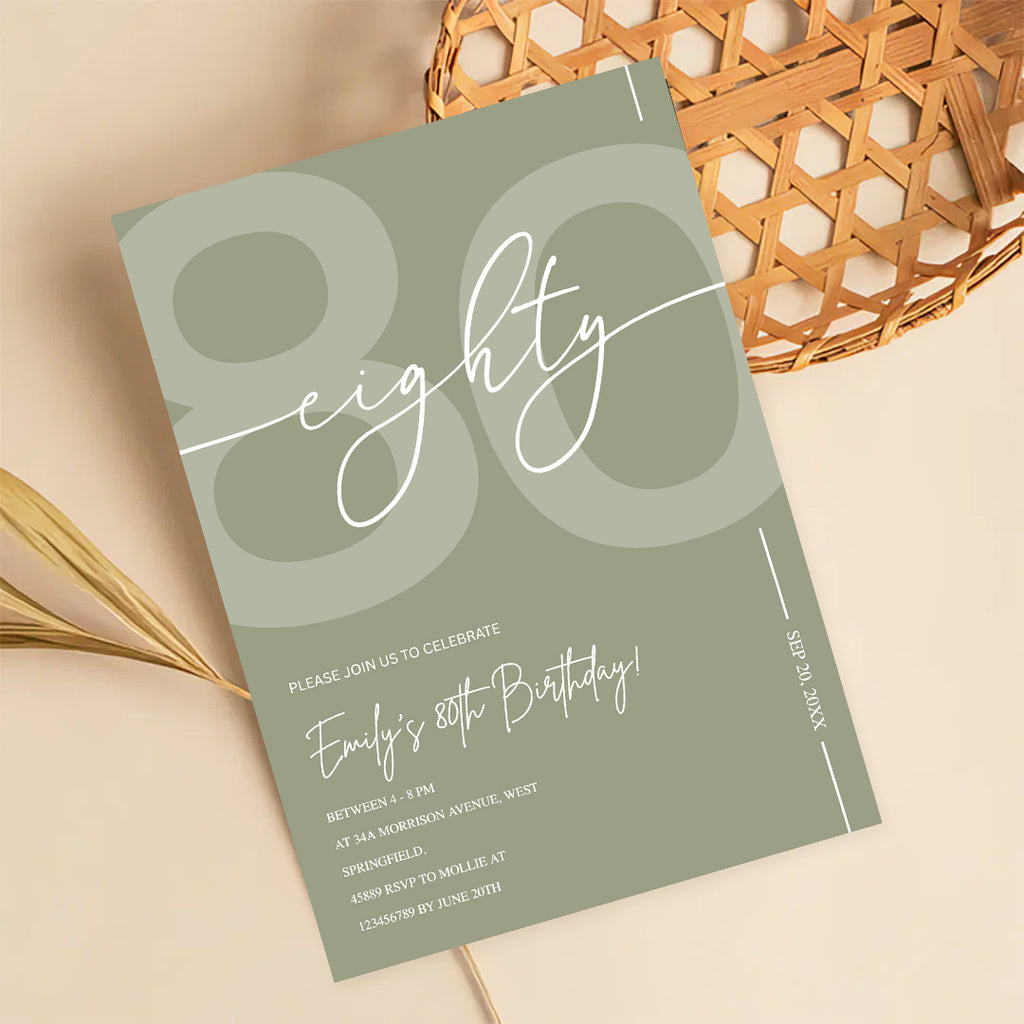 Elegant Sage Green 80th Birthday Invitation Template | Minimalist Eighty Milestone Party Invite | Editable & Instant Download
