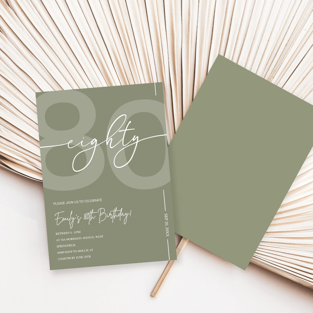 Elegant Sage Green 80th Birthday Invitation Template | Minimalist Eighty Milestone Party Invite | Editable & Instant Download