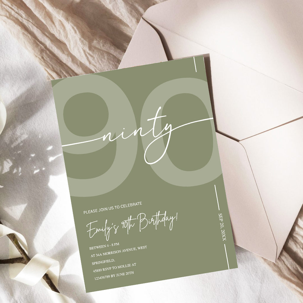 Elegant Sage Green 90th Birthday Invitation Template | Minimalist Ninety Milestone Party Invite | Editable & Instant Download