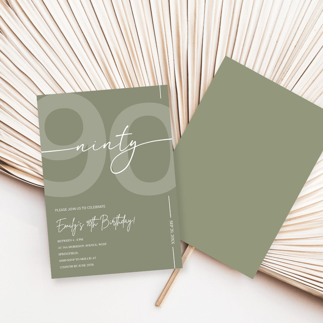 Elegant Sage Green 90th Birthday Invitation Template | Minimalist Ninety Milestone Party Invite | Editable & Instant Download