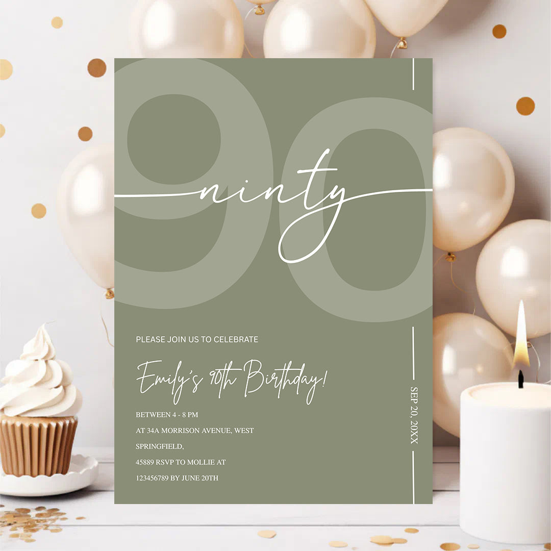 Elegant Sage Green 90th Birthday Invitation Template | Minimalist Ninety Milestone Party Invite | Editable & Instant Download