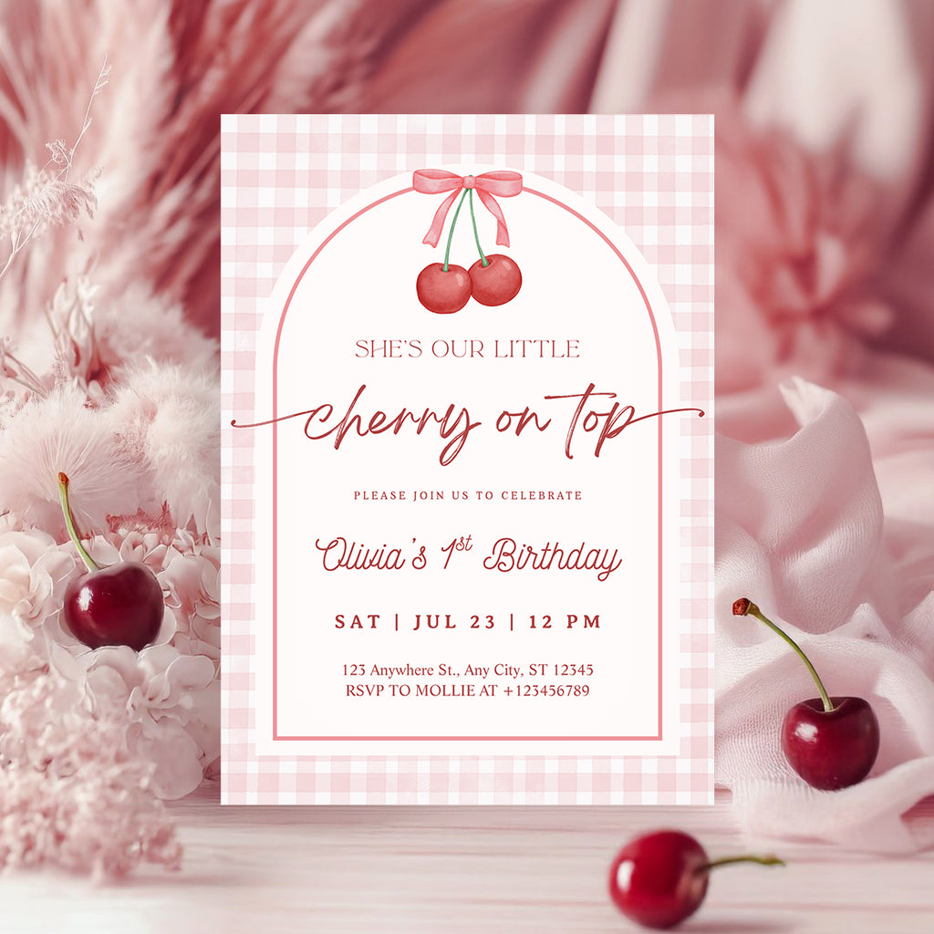 Editable “Cherry on Top” 1st Birthday Invitation | Gingham First Birthday Canva Template – Instant Download