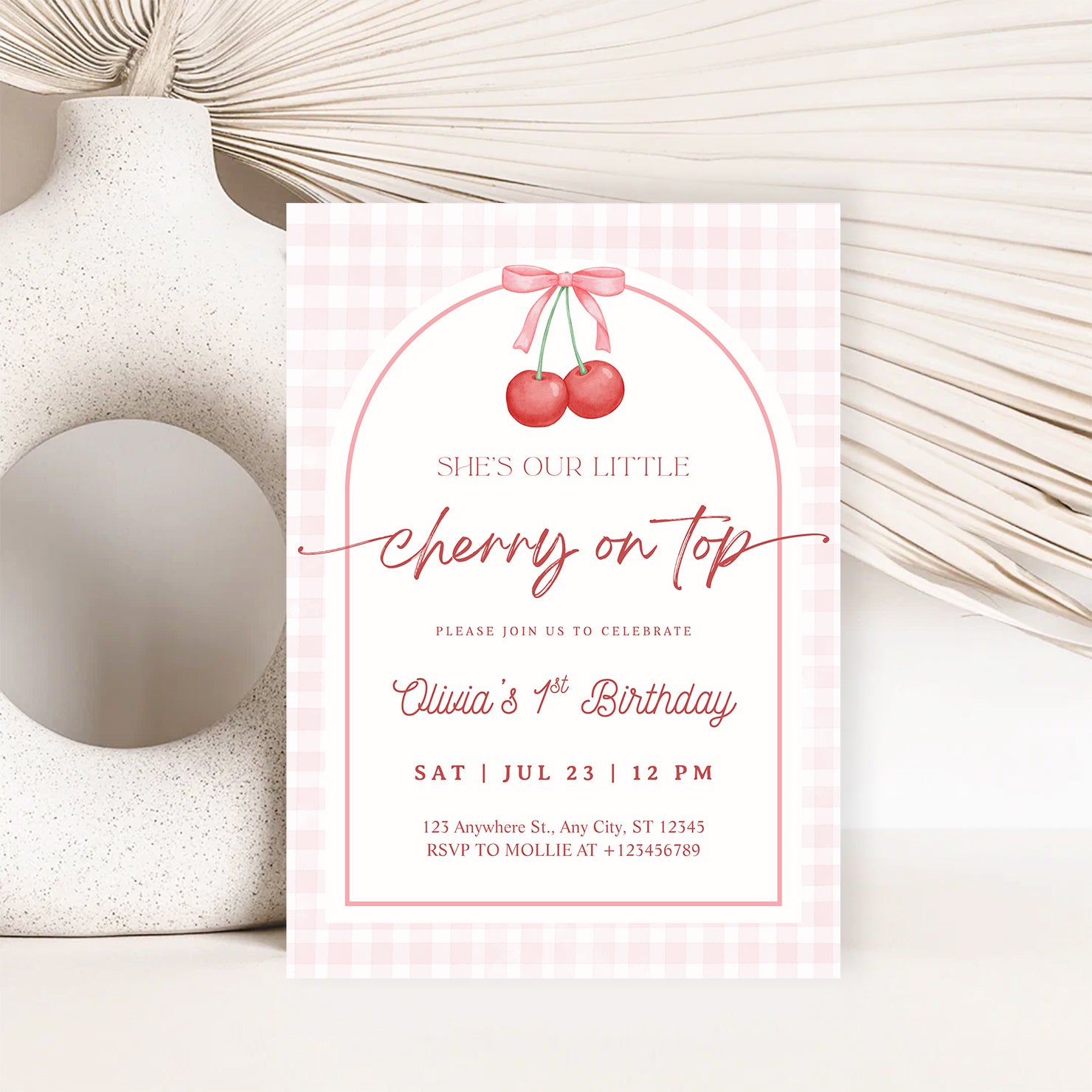 Editable “Cherry on Top” 1st Birthday Invitation | Gingham First Birthday Canva Template – Instant Download