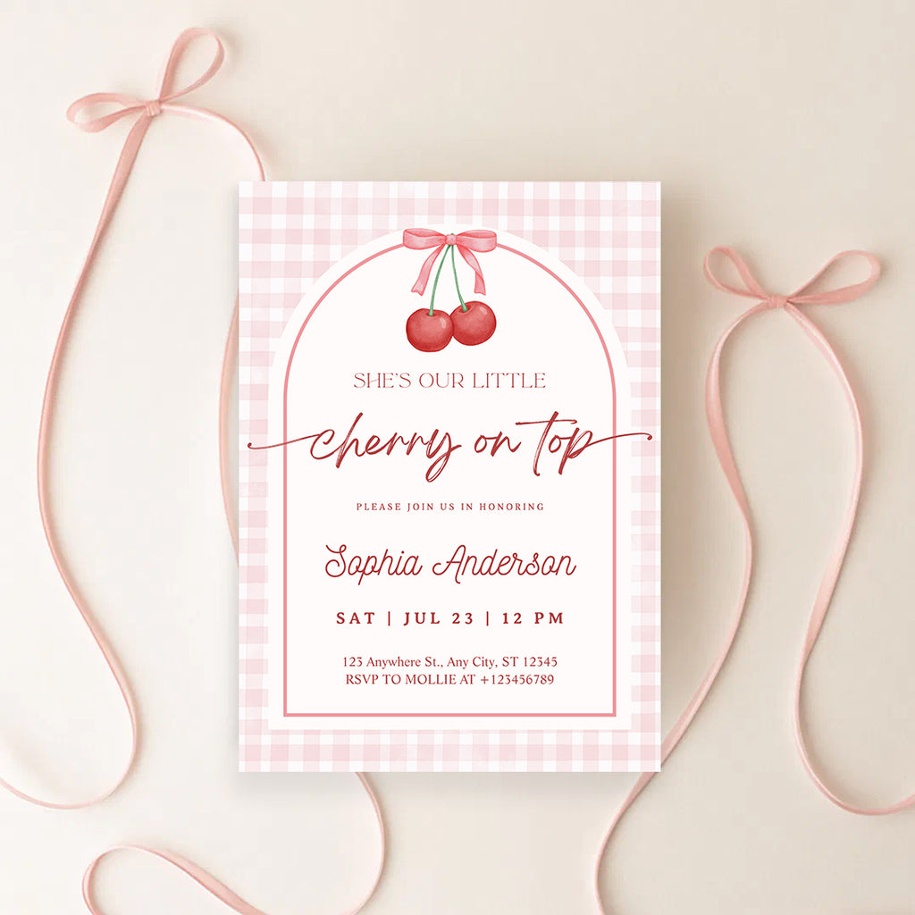 Editable “Cherry on Top” 1st Birthday Invitation | Gingham First Birthday Canva Template – Instant Download