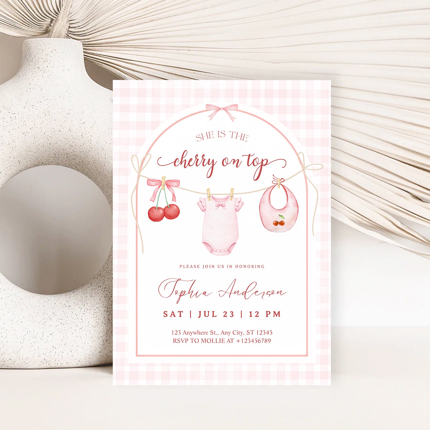 She's the Cherry on Top Baby Shower Invitation | Cherry Theme Baby Girl Shower Invite | Clothesline Baby Shower Invitation