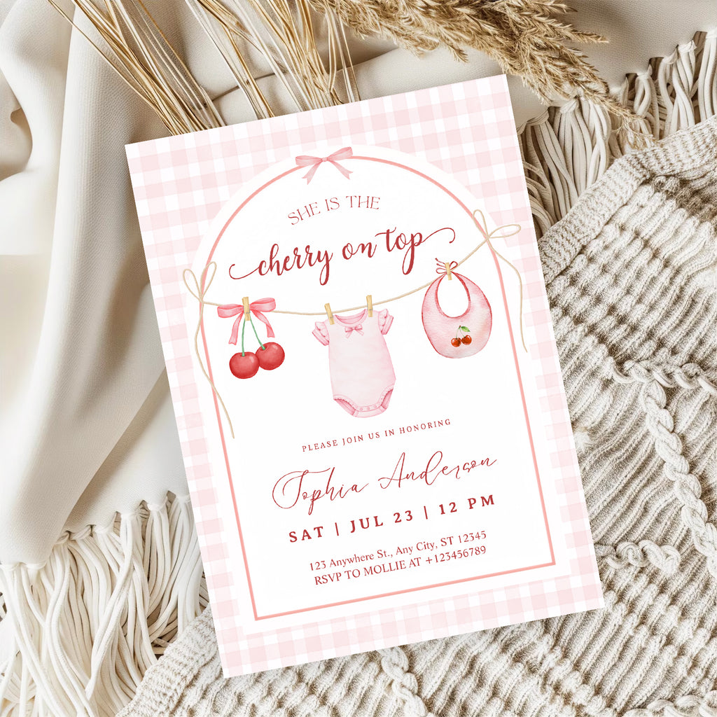 She's the Cherry on Top Baby Shower Invitation | Cherry Theme Baby Girl Shower Invite | Clothesline Baby Shower Invitation