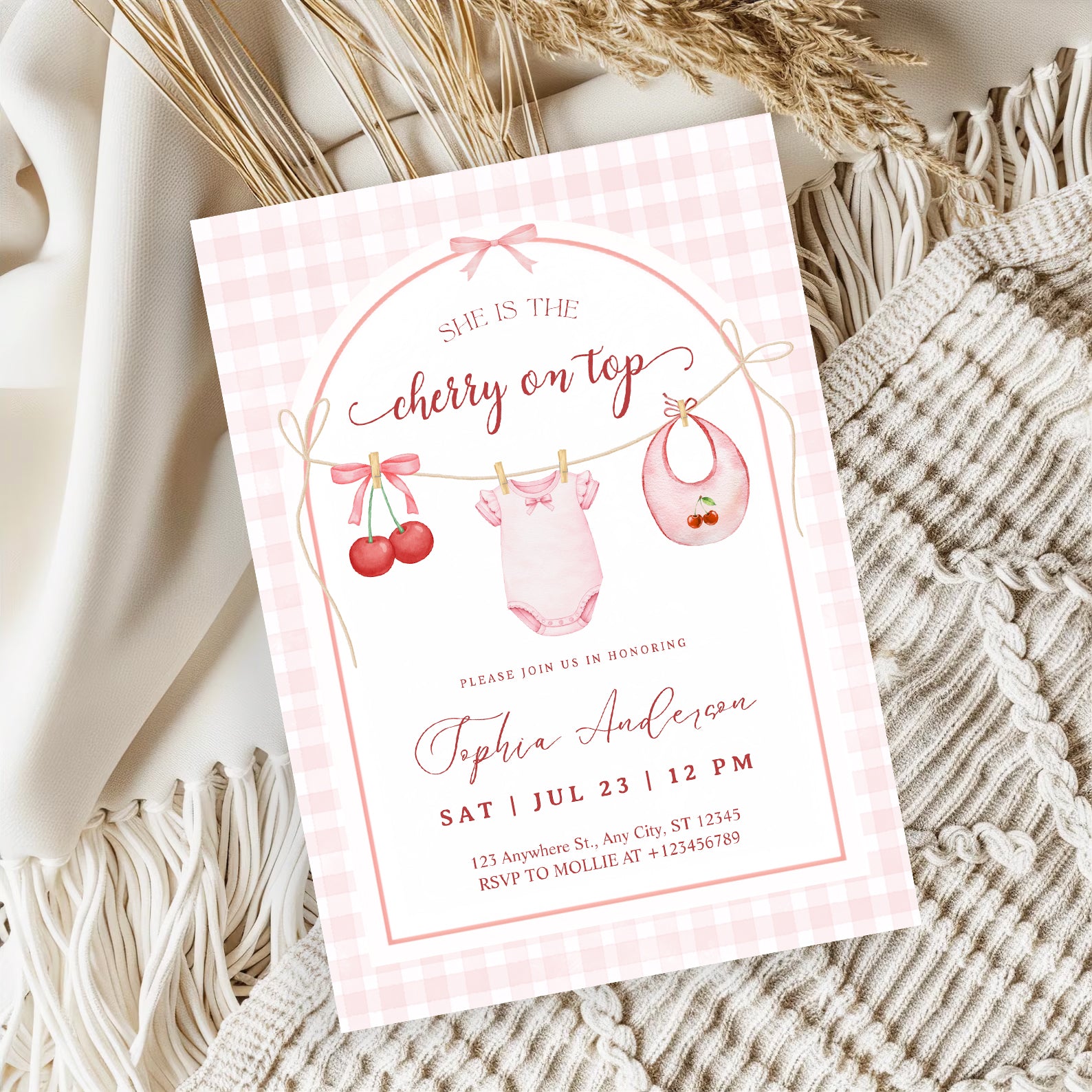 She's the Cherry on Top Baby Shower Invitation | Cherry Theme Baby Girl Shower Invite | Clothesline Baby Shower Invitation