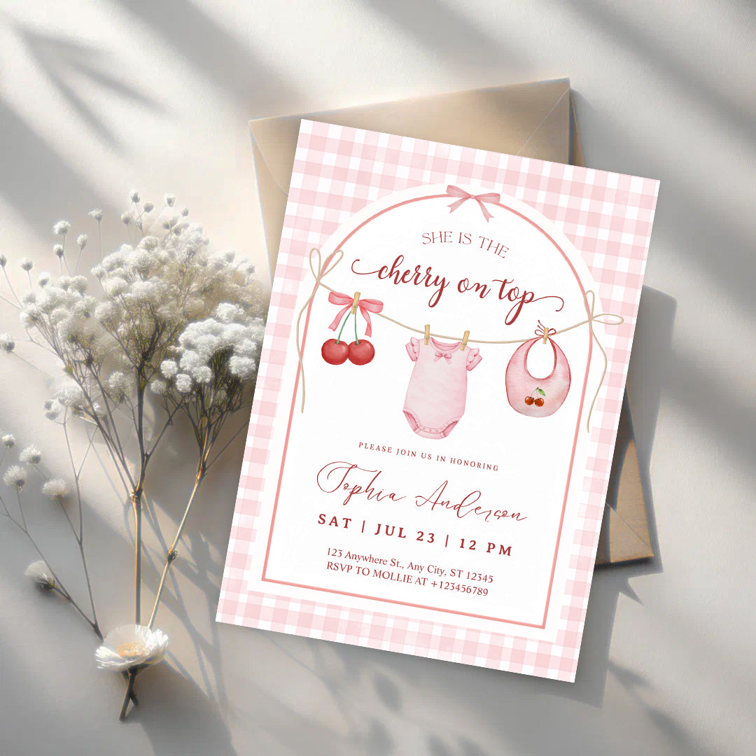 She's the Cherry on Top Baby Shower Invitation | Cherry Theme Baby Girl Shower Invite | Clothesline Baby Shower Invitation