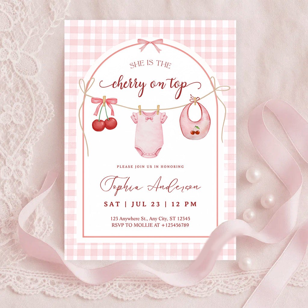 She's the Cherry on Top Baby Shower Invitation | Cherry Theme Baby Girl Shower Invite | Clothesline Baby Shower Invitation