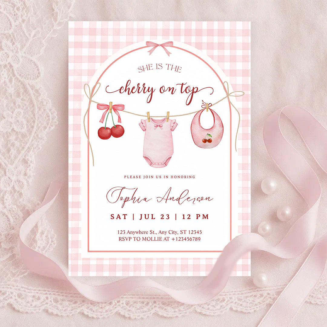 She's the Cherry on Top Baby Shower Invitation | Cherry Theme Baby Girl Shower Invite | Clothesline Baby Shower Invitation