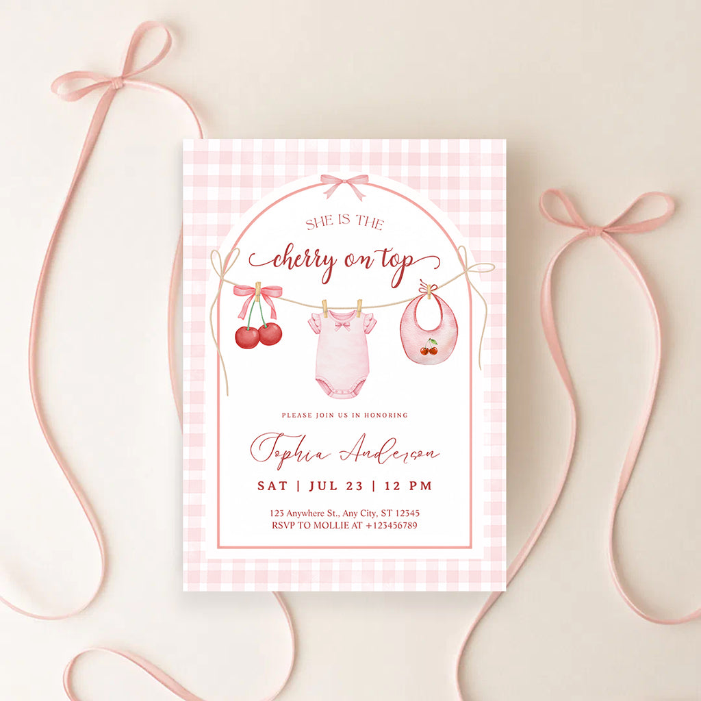 She's the Cherry on Top Baby Shower Invitation | Cherry Theme Baby Girl Shower Invite | Clothesline Baby Shower Invitation