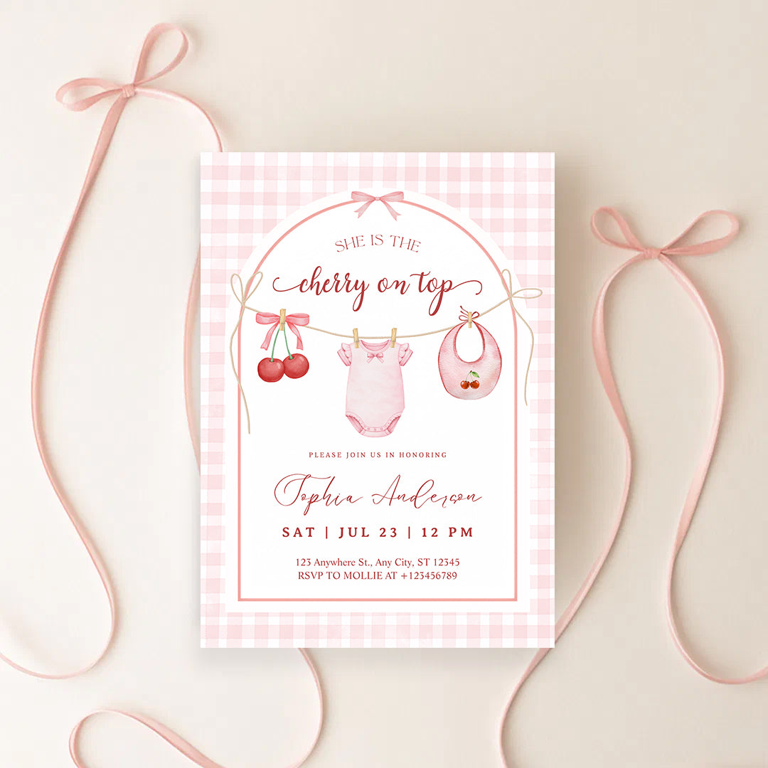 She's the Cherry on Top Baby Shower Invitation | Cherry Theme Baby Girl Shower Invite | Clothesline Baby Shower Invitation
