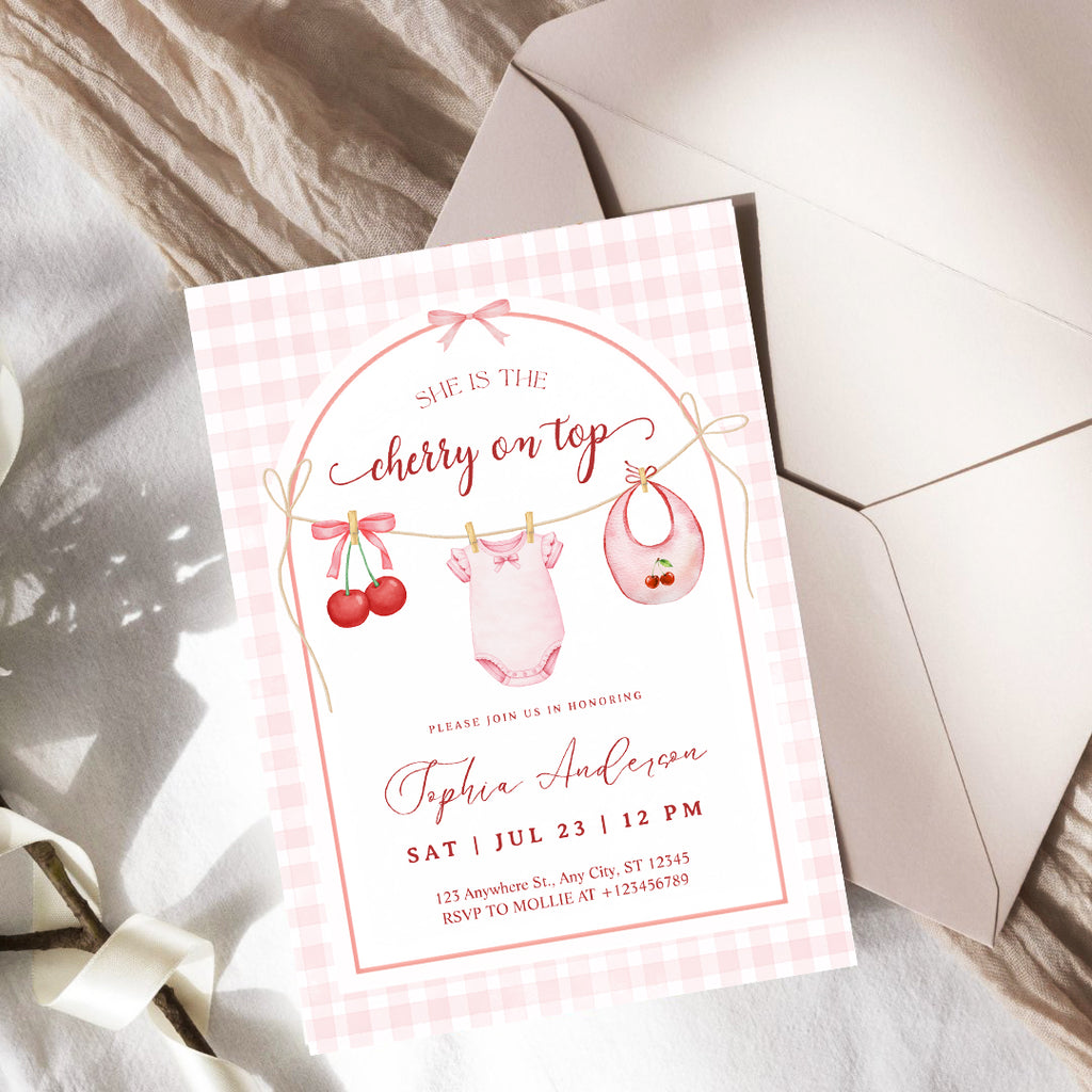 She's the Cherry on Top Baby Shower Invitation | Cherry Theme Baby Girl Shower Invite | Clothesline Baby Shower Invitation
